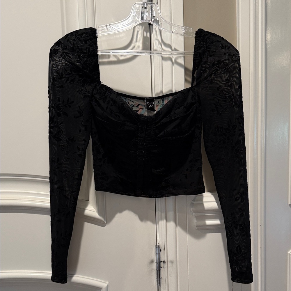 Windsor Black Floral Burnout Velvet Long-Sleeve Corset Top